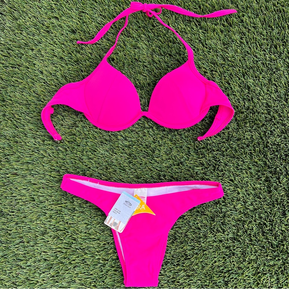 Pink Push Up Wired Bikini and Brazilian Cut Bottom Set